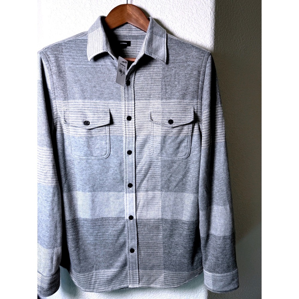 Express Unisex Gray Ivory Plaid Shacket M NWT Button Front Overshirt Fall Layer